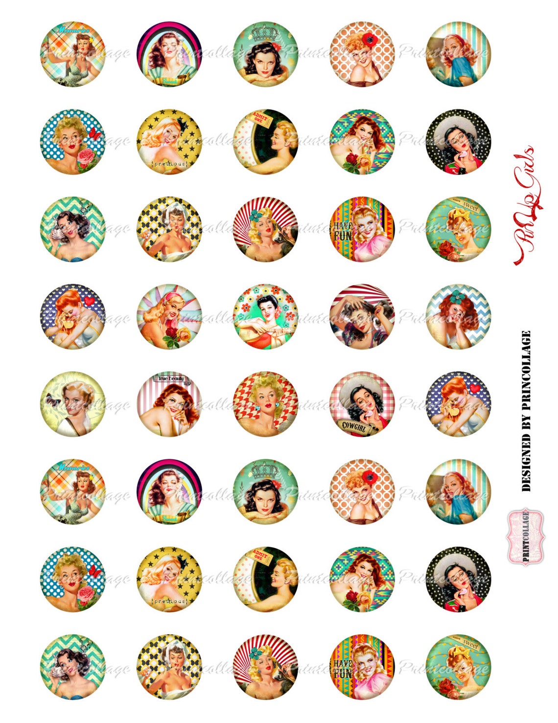Pin Up Girls Digital Printable Sheet Cabochon images 1.5 | Etsy
