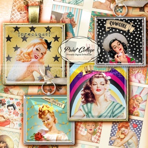 Puede incluir: Un collage de imágenes digitales con ilustraciones vintage de mujeres al estilo pin-up. Las imágenes están enmarcadas en oro y tienen varias superposiciones de texto, incluyendo "precious", "cowgirl" y "sweet".