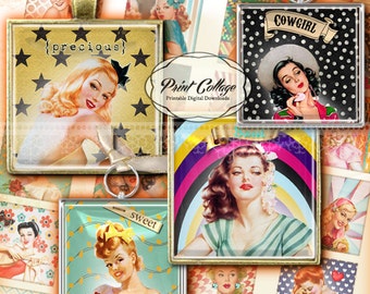 Pin Up Girls Vintage Square Printable Scrabble Tile images Digital Collage Sheet 1.5 inch 1 inch 20 mm for pendants magnets paper craft c195