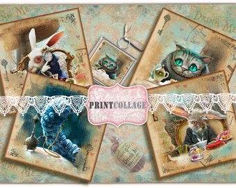 Alice in Wonderland Coaster images Digital Square Background Coasters Set of 4 Printable Cards scrabble tags 4x4 inch Greeting Card O12