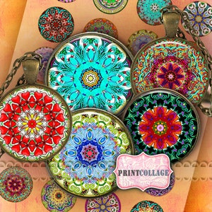 Mandala circles - Digital Printable Sheet Cabochon images 1.5 inch 1 inch 18 mm 14 mm round images Printable images Instant download C191