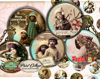 Babbo Natale vintage - Immagini cabochon in foglio Collage digitale 1,5 pollici 16 mm 12 mm 1 pollice cerchio Immagini stampabili Download immediato tappi di bottiglia C245