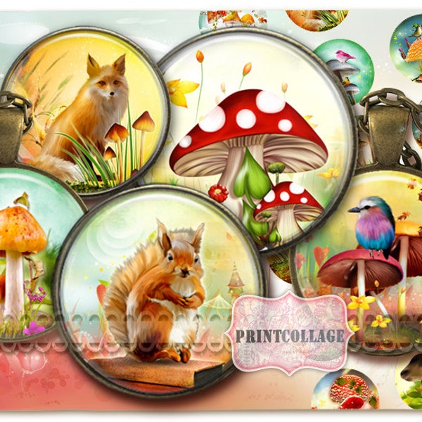 Magic Forest Digital Collage Sheet Cabochon images 1.5 inch, 18 mm, 14 mm, 1 inch circle Printable images Instant download bottle caps C125