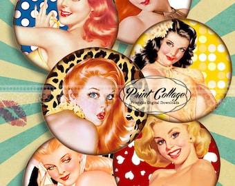 Pin Up Girls - Digital Printable Sheet 2.5 inch size round images, Printables for Pocket Mirrors, cupcake toppers Magnets, Paper Weights c03