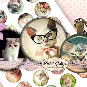 Cute Cat images Cabochon images Digital Printable Sheet 1.5 inch 1 inch 18,14 mm round images Printable images Instant download Clip art C60