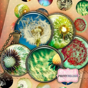 Digital Printable Sheet Cabochon images 1.5 inch 1inch 18,14mm round images Printable images Instant download - Dandelion - C186