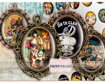Imágenes digitales imprimibles de circo vintage de 40 x 30 mm, 30 x 22 mm, 25 x 18 mm y 18 x 13 mm. Imágenes ovaladas de cabujón. Clip art para colgantes. Imágenes de descarga instantánea C94.