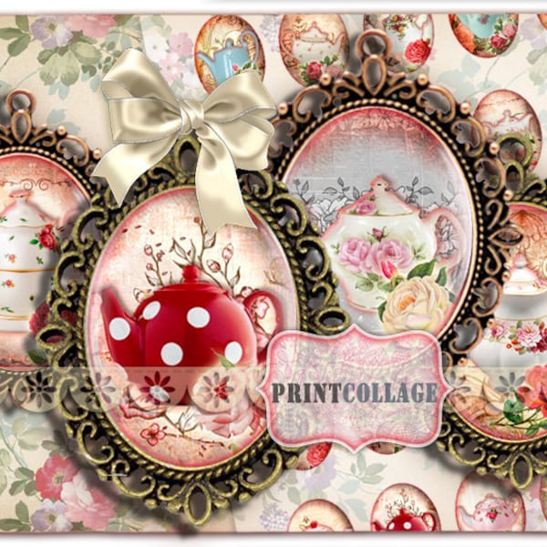 Shabby Chic Tea set Digital Collage Printable Sheet 30x40 mm 30x22 mm 25x18 mm 18x13 mm Cabochon oval images pendants Instant download C97