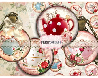 Shabby Tea set Digital Collage Sheet Printable images for Bottle Cap 1.5 inch 18mm 14mm 1inch circle Cabochon images Instant download c97