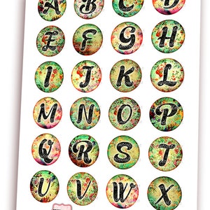 Alphabet Letters, Digital Printable Sheets Cabochon Images 1.5 Inch, 1 Inch, 18 Mm,14 Mm Round ...