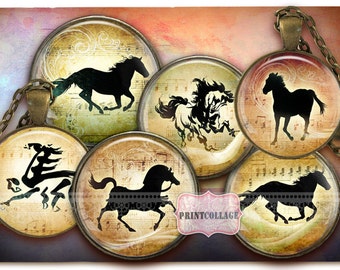 Horse Silhouette Printable images Cabochon images Digital Collage Sheet 1.5 inch 18 mm 14 mm 1 inch circle Instant download bottle caps c155