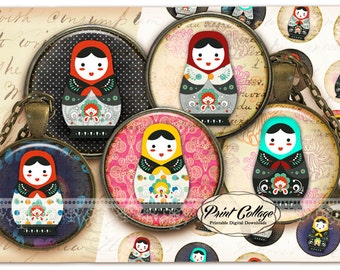 Matryoshka, Babushka Doll Cabochon images, Digital Download, Collage Images 1.5 inch, 16 mm 12 mm 1 inch Bottle Cap, printable download c233
