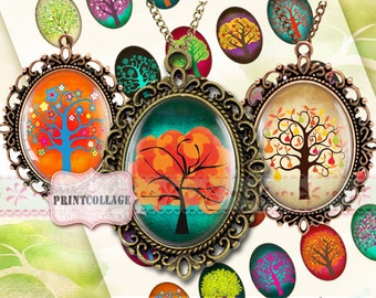 Colorful Trees Cabochon images Digital Printable Sheet 30x40 mm 22x30 mm 18x25 mm 13x18 mm oval Printable images for pendant O67