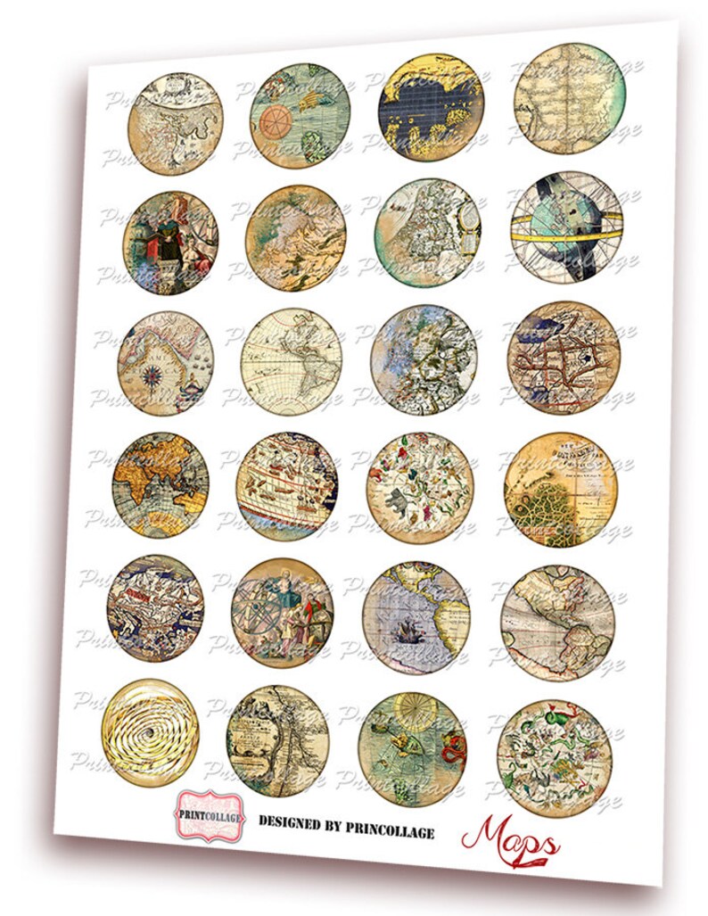 Map Circle Printable Images for Pendants, Digital Printable Sheets 1.5 ...