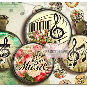 May include: Antique bronze-toned pendant necklaces with musical themes. Each pendant features a round glass cabochon with a musical note, piano keys, or the word "Music" with floral accents. The background has a vintage paper texture.