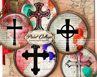 Cabochon images Digital Collage Sheet - Cross - 1.5 inch 18mm 14mm 1 inch round Printable images digital download Bottle Cap image c201