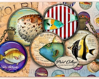 Vintage colorful Fish Images: Nautical Pendant & Earring Printable (Digital Download)