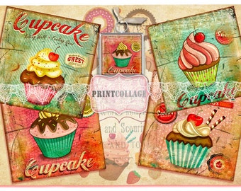 Cupcake Printable Collage Sheet for Coasters Greeting Cards, scrabble tile Gift tags Coaster images Set of 4 Printable Cards 4x4 inch O25