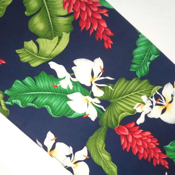 Blue Tropical Runner, Hawaiian Table Runner, Palm Leaf Runner 36 inch, Navy Blue Runner