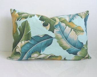 Tropical Palm Leaf Pillow Cover, Aqua Blue Pillow with Palm Leaves, 14x20 Inch