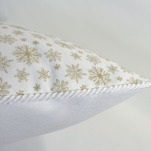 Snowflake Pillow Cover with border, Christmas Pillow, White and Gold Pillow, 18x18 Pillow, Winter Pillow