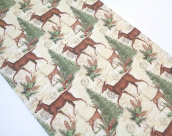 Deer Table Runner, 12x36 Christmas Runner, Cream Pine Tree Runner