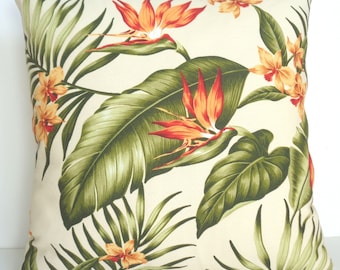 Tropical Pillow Cover 16 Inch, 15 Inch Cream Palm Leaf Pillow, Yellow Floral, Hawaiian,