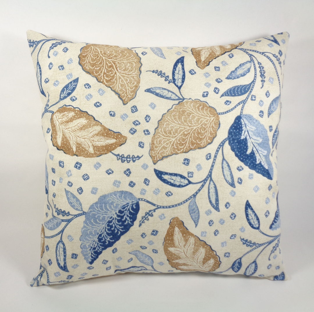 Leaf Pillow Cover 18x18 Inch Blue and Tan Pillow Earthy Etsy