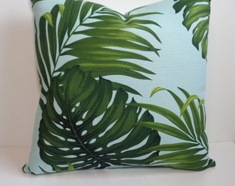 Palm Pillow Cover, Tropical Aqua Blue Pillow, Green Palm Frond Pillow 18 Inch