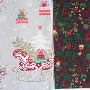 May include: Two Christmas-themed fabric patterns. One features a light gray background with red, green, and white gift boxes, sleighs, and Christmas trees. The other has a dark background with red reindeer, gifts, and gold accents.