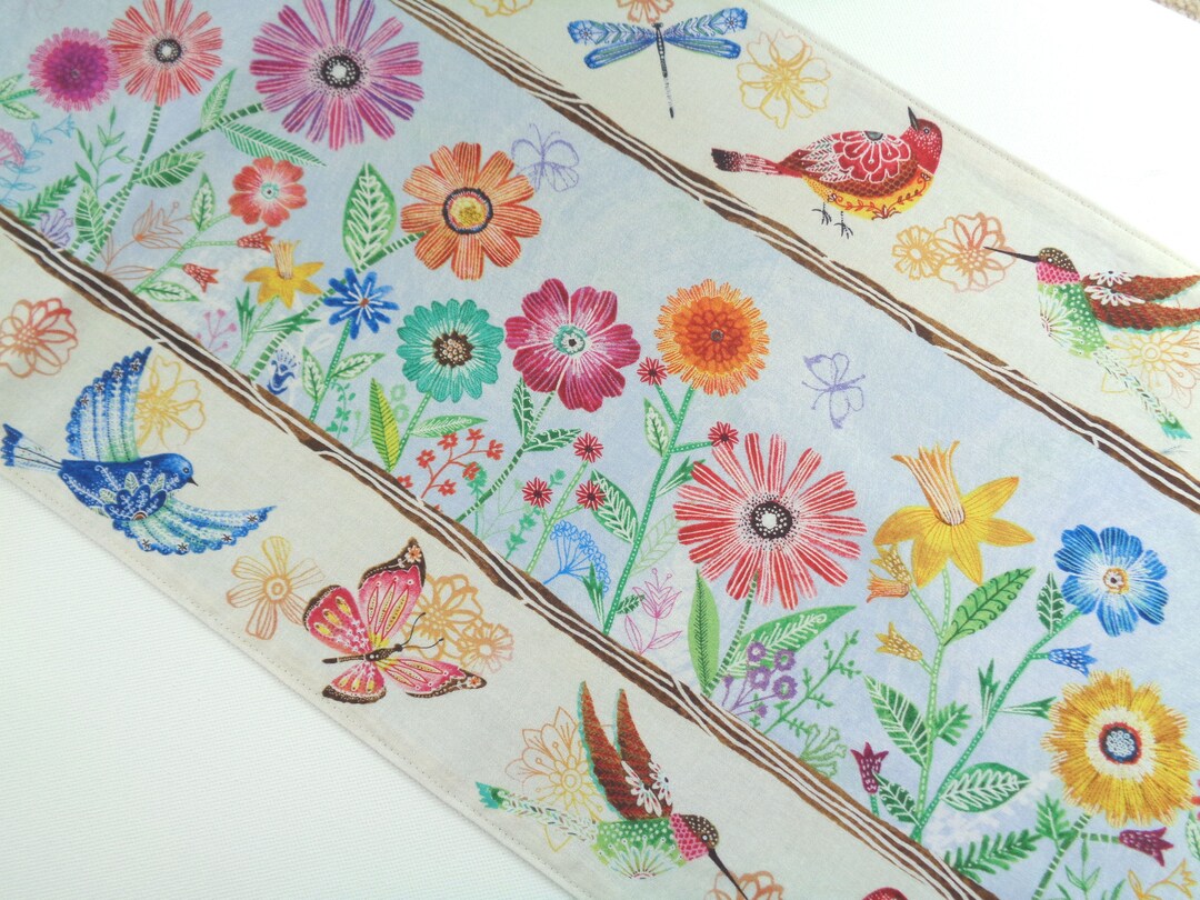 Floral Table Runner, 60 Inch Table Runner, Blue Bird Runner Reversible ...