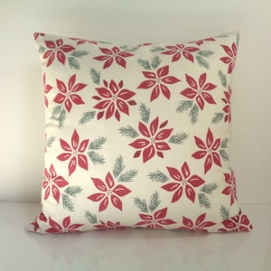 Christmas Pillow Cover, Red Poinsettia Pillow, Red Floral and Ivory Pillow Cover 16 Inch