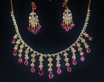 Ruby Diamond Set - Ruby Necklace - Natural 34Cts VS F Diamond 750 18K Solid Gold Riviera Cocktail Chandelier Necklace Dangle Earrings Set