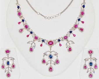 Diamond Ruby Set - Sapphire Set - Diamond Set - Certified Natural 31cts VS F Diamond Ruby Sapphire 18K Solid Gold Necklace Earrings Set