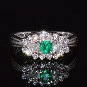 Emerald Diamond Ring - Vintage Natural 0.79Cts VS G Diamond Colombian Emerald Solid 900 Platinum Cocktail Engagement Daily Wear Ring