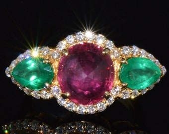 Vintage Emerald Ring - Fine Diamond Ring - Certified Natural 8.38CTS VS F Diamond Ruby 18K Solid Gold Cocktail Dinner Three Stone Halo Ring