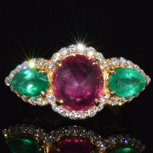 Vintage Emerald Ring - Fine Diamond Ring - Certified Natural 8.38CTS VS F Diamond Ruby 18K Solid Gold Cocktail Dinner Three Stone Halo Ring