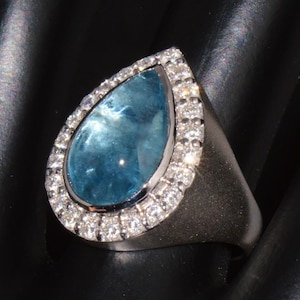 Vintage Aquamarine Diamond Ring - Certified Natural 6.19cts VS F Diamond Aquamarine 750 18K Solid White Gold Cocktail Dinner Dome Ring