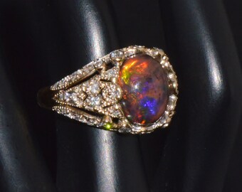 Vintage Art Deco Black Opal Diamond Ring - 18K Gold Dome Ring
