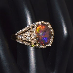 Natural Opal Ring - Gorgeous Vintage 2.75Cts VS F Diamond Black Brown Opal Solid 18K Gold Art Deco Bombay Dome Ring Band - ExoticGoldJewelry