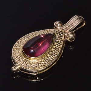 Vintage Byzantine Pendant - Estate Natural Tourmaline 750 18K Solid Gold Filigree Beaded Statement Etruscan Greek Necklace - ExoticGold