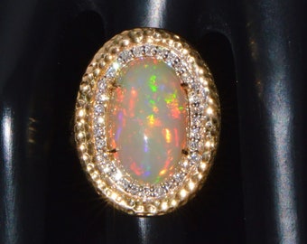 Estate Natural 7.44Cts VS F Diamond Opal 750 18K Solid Gold Cocktail Dinner Statement Hammered Gold Ring Band - ExoticGold