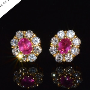 Vintage Ruby Earrings - GIA Certified Diamond Earrings - Natural 2.12CTS VS F Diamond Ruby 18K Solid Gold Halo Stud Cluster Earrings