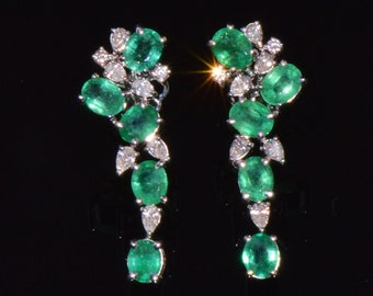 Emerald Diamond Earrings - Certified Natural 3.91CTS VS F Diamond Emerald 18K Solid Gold Cocktail Dangle Chandelier Riviera Earrings
