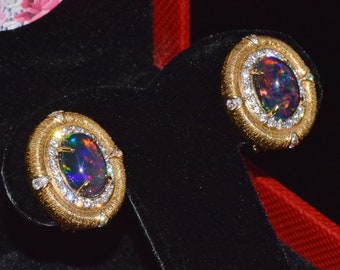 Vintage Opal Diamond Earrings - Certified Natural 7Cts VS F Diamond Opal 750 18K Solid Gold Cluster Halo Domed Earrings - ExoticGoldJewelry