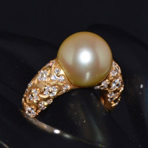 Vintage Pearl Ring - Gorgeous Natural 1.31CTS VS F Diamond 13MM South Sea Pearl Solid 18K Gold Cocktail Dinner Ring - ExoticGold