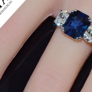 GIA Sapphire Diamond Ring - No Heat Natural 5.11Cts Royal Blue Sapphire VVS F Diamond Solid 950 Platinum Three Stone Engagement Ring Band