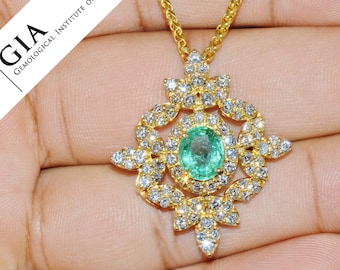Emerald Pendant - Diamond Pendant - GIA Certified Natural 5.2Cts VS F Diamond Green Colombian Emerald 18K Solid Gold Riviera Slide Necklace