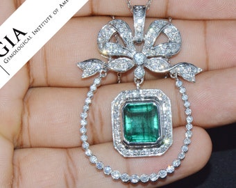 SOLD - Emerald Diamond Pendant - GIA Certified Natural 13Cts VS F Diamond 18K Solid Gold Estate Chandelier Pendant Slide Necklace Brooch