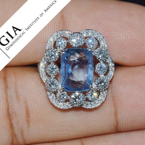 Sapphire Ring - No Heat Sapphire - GIA Certified Natural 9.66Cts Unheated Blue Sapphire VS F Diamond 18K Solid Gold Cocktail Dinner Ring